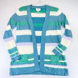 ECI New York Womens S Striped Blue Open Cardigan Metallic Knit Long Sleeve Beach